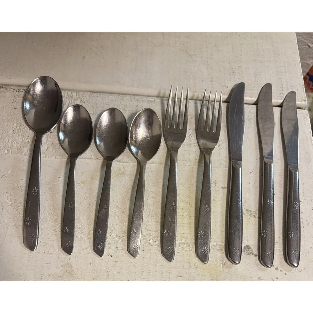 Set of 9 Superior NIGHT SKY pattern stainless Flatware Spoons Knives Forks